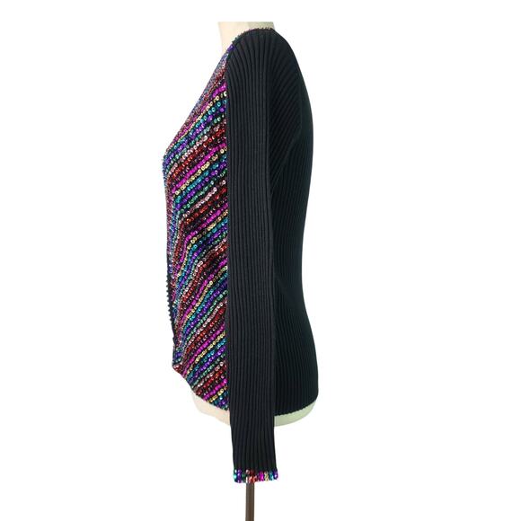 Berek Black Red Blue Sequin Embellished Bling Rib Knit Zip Up Sweater Medium - Picture 3 of 5